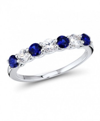 Lab Created Blue and White Sapphire 7-Stone Ring Band in Rhodium Plated Sterling Silver - CX189U4QXK5