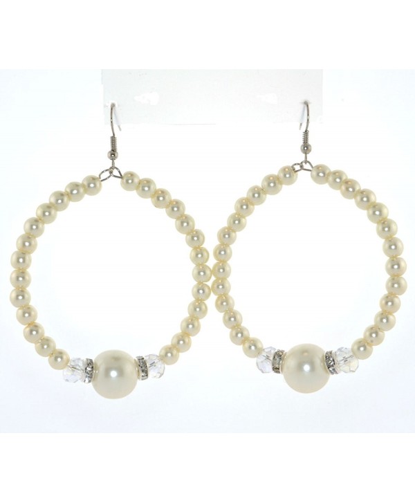 2 3/4 in. Dangle Drop Faux Pearl- Clear Simulated Rhinestone Rings and Beads Ear-wire Hoop Earrings - White - CW119W38NRP