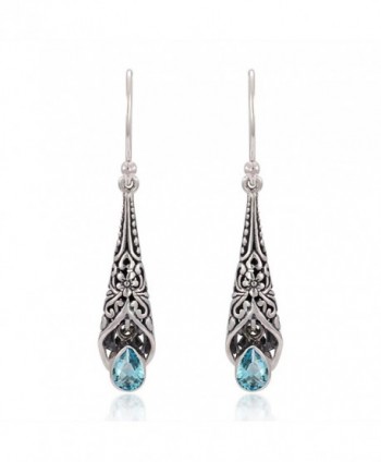 925 Sterling Silver Bali Detailed Filigree Light Blue Stone Dangle Earrings - CP126GZ6X69