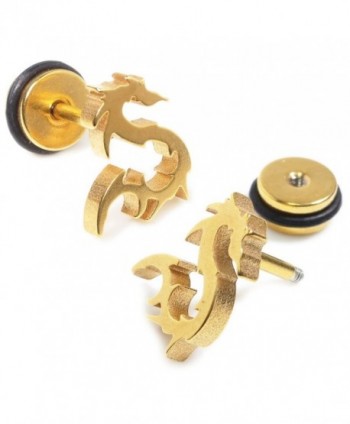 Pair Stainless Steel Gold Color Dragon Screw Stud Earrings - CD11CZDFFMZ