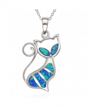 Sterling Silver Created Blue Opal Cat Pendant with 18" Chain - CS121PGGLWP