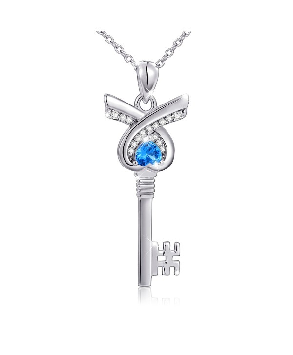 925 Sterling Silver Blue Heart Angel Wings Key Shaped Pendant Necklace- Rolo Chain 18" - C417XWR6W7R