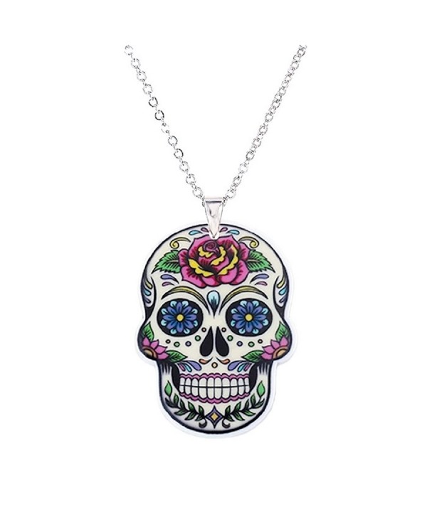 Flower Sugar Skull Mexican Day of The Dead Acrylic Pendant Necklace - CZ12N1DOKDT