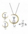 WRISTCHIE Jewelry 925 Sterling Silver Cat On Moon Jewelry Set Necklac+Earrings+Ring (Gold) - CM1833SE29A