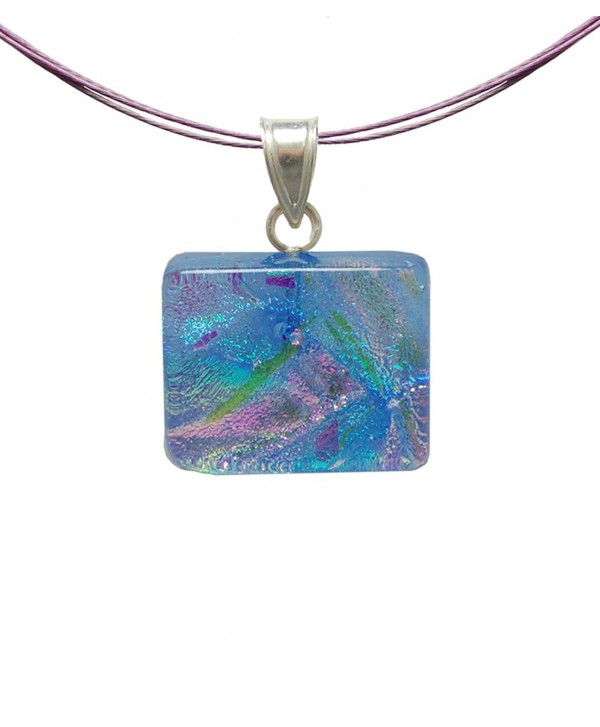 Sterling Silver Dichroic Glass Blue- Pink Rectangular on Stainless Steel Wire Pendant Necklace- 18" - C011I2U33E7