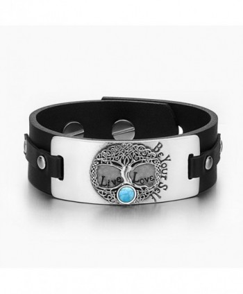 Tree of Life Live Love Be Your Self Celtic Amulet Simulated Turquoise Adjustable Black Leather Bracelet - CY129CIS9VJ