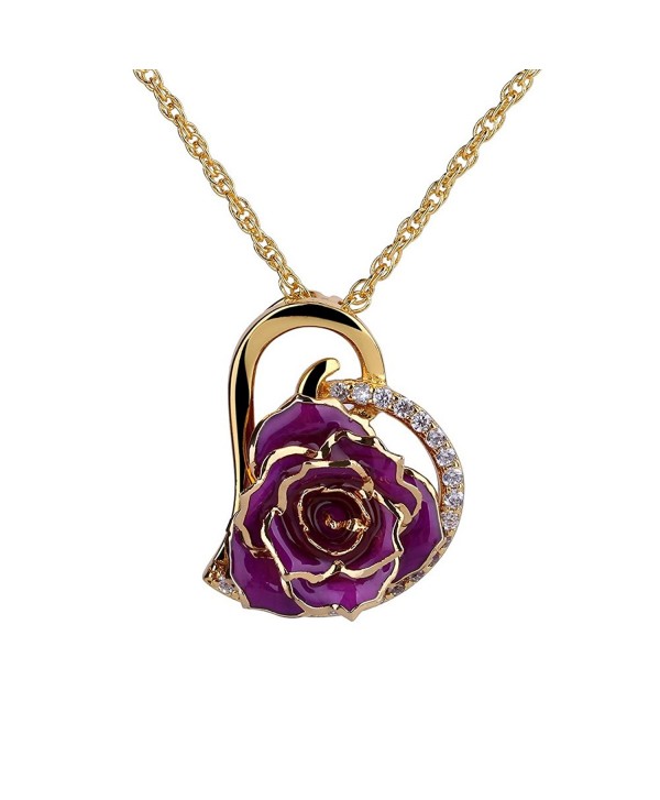 ZJchao 24K Gold Plated Rhinestone Heart Shaped Rose Pendant Necklace for Women - Purple - CA12E3VK7YR
