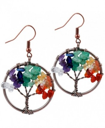 SUNYIK Tumbled Stone Tree of Life Dangle Earrings for Women - 1-7 Chakra Stone(Copper Color) - CW12LW05NMN