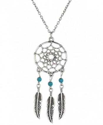 stylesilove Womens Dream Catcher Turquoise Beads Pendant Necklace - Silver Feathers with 3 Green Beads - CS17YL09KAY