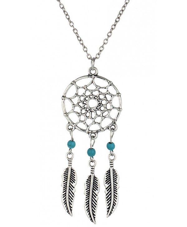stylesilove Womens Dream Catcher Turquoise Beads Pendant Necklace - Silver Feathers with 3 Green Beads - CS17YL09KAY