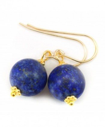 14k Gold Filled Lapis Lazuli Earrings Smooth Matte Finish Denim Blue Rounded Cut Beaded Accents - C711HFNXYFF