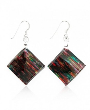 Sterling Silver Hand Painted Murano Glass Multi-Colored Abstract Art Square Dangle Earrings 2" - CD11WRCZXYJ