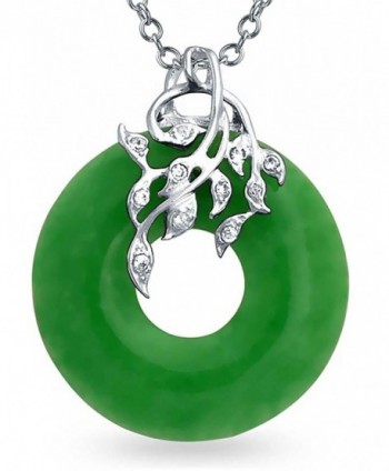 Bling Jewelry CZ Leaves Dyed Green Jade Open Circle Pendant Sterling Silver Necklace 18 Inches - CQ11B4F2FRN