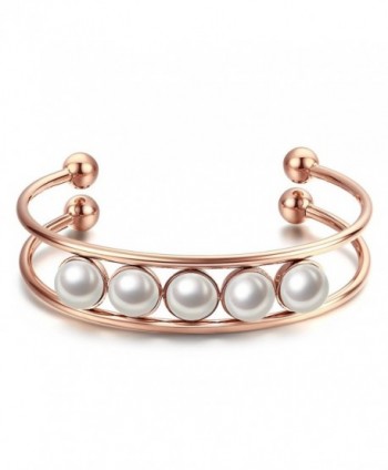 Caperci 18K Rose Gold Plated Stainless Steel Pearl Beaded Cuff Bangle Bracelet for Women - CM12IYGE4FZ