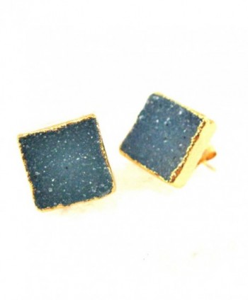 22K Gold plated Sterling Silver Druzy Agate Blue Earring Studs-Square Gemstone 10mm - C612EDJP8VB