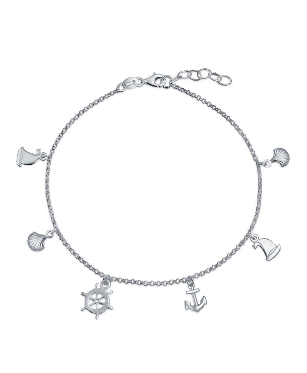 Bling Jewelry Silver Seashell Anchor Sailboat Nautical Charm Anklet 9in - CB11F8WGDCV