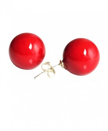 Lureme Women 10mm Red Shell Bead Silver Tone Classic Round Ball Stud Earrings 02001451-1 - CH12NYG1LEM