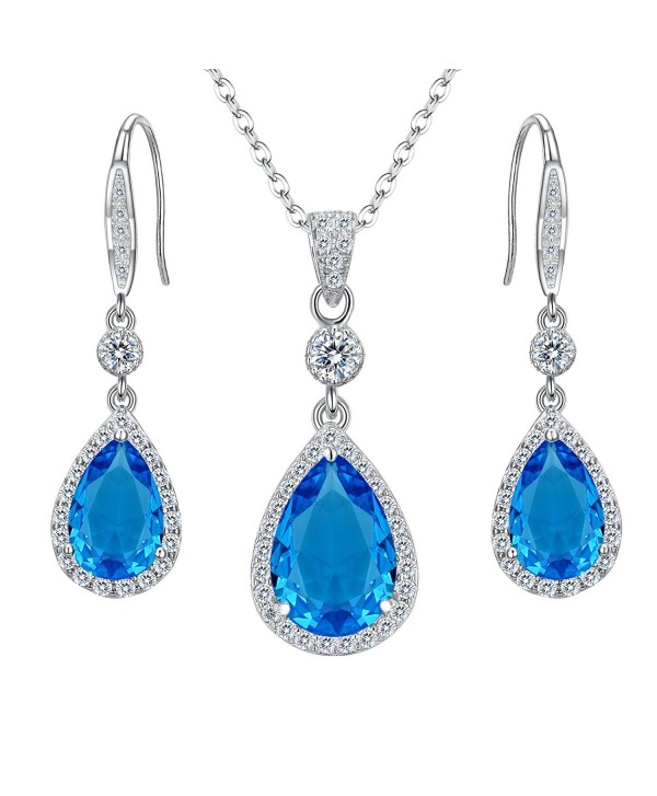 EleQueen 925 Sterling Silver Full Cubic Zirconia Teardrop Bridal Pendant Necklace Hook Dangle Earrings Set - Blue - CU188IQAIT8