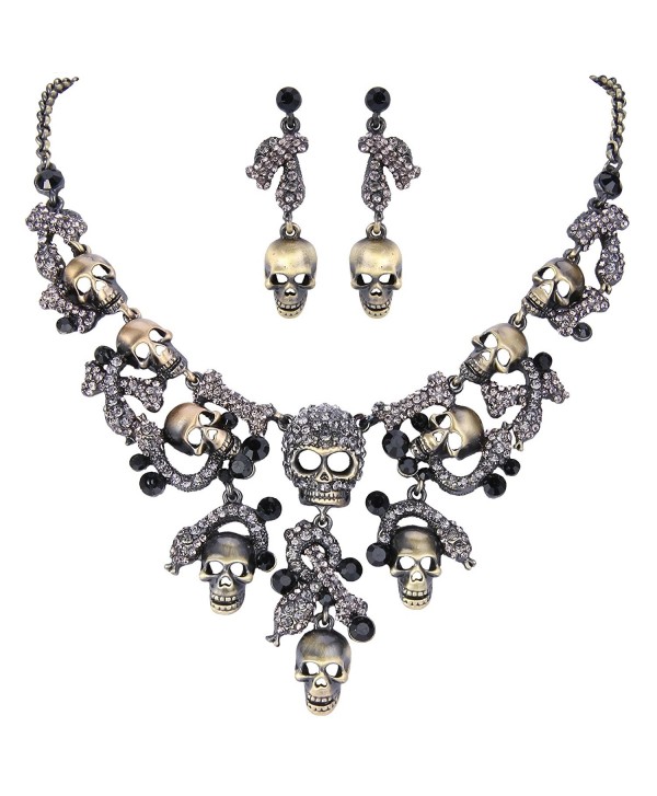 EVER FAITH Austrian Crystal Halloween Skull Snake Necklace Earrings Set - Black Copper-Tone - CM11C5S2DIJ