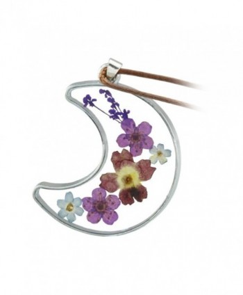 FM42 Multicolor Pressed Dried Flowers Moon Shape Pendant Necklace - Blue & Purple - CE124T8AMAL