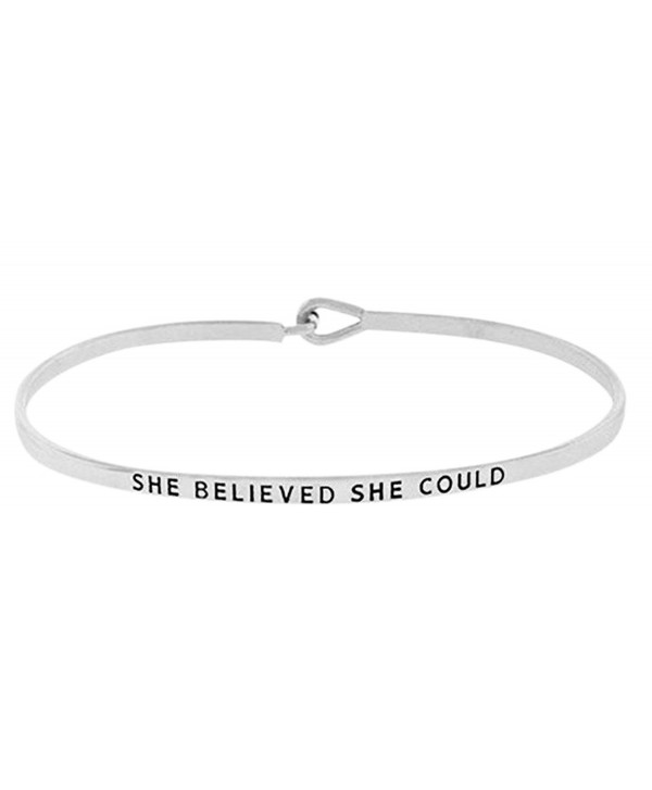 Inspirational Encouraging "SHE BELIEVED SHE COULD" Thin Brass Bangle Hook Bracelet - Silver - CP12M3I0EV3