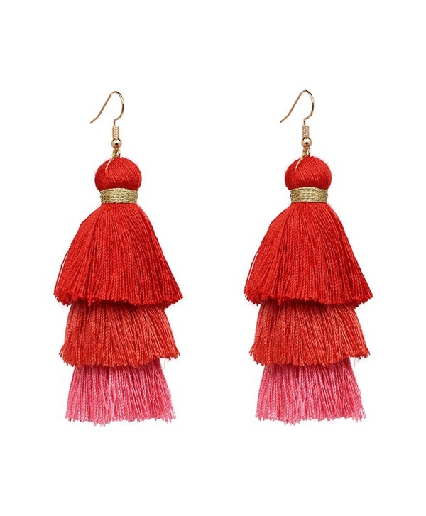3 Layered Colorful Womens Stylish Earrings Bohemian Style Summer Tassel Drop Earrings - Red - CA184ZR86L0
