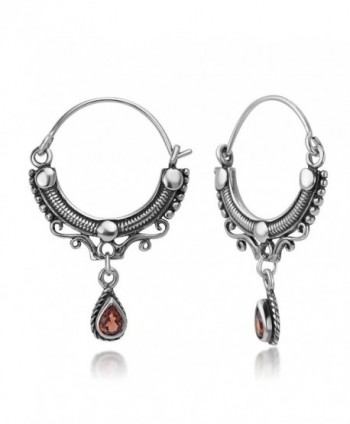 925 Oxidized Sterling Silver Open Filigree Bali Inspired Rope Red Garnet Half Hoop Earrings 1.1" - C512I6MRYIV