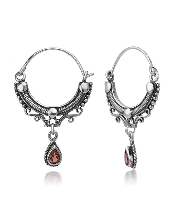 925 Oxidized Sterling Silver Open Filigree Bali Inspired Rope Red Garnet Half Hoop Earrings 1.1" - C512I6MRYIV