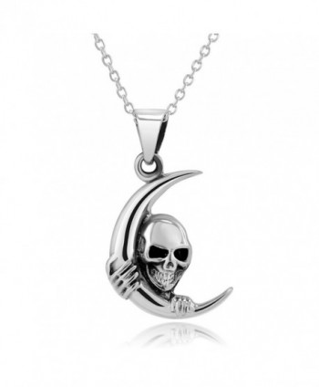 925 Sterling Silver Crescent Moon Skull Pendant Necklace- 18" - CD11MCY7R0P
