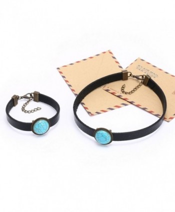 Yunhan Natural Turquoise and Flat Black Leather Choker Necklace & Bracelet Set for Women Adjustable - C617YHYMSCH
