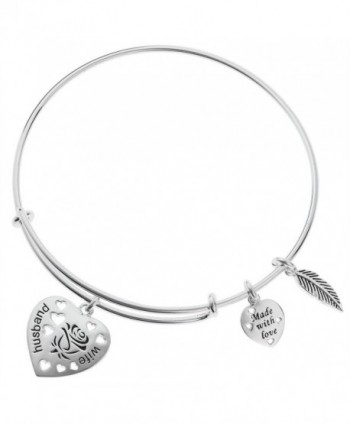 925 Sterling Silver Rose Husband & Wife Heart Feather Charm Adjustable Wire Bangle Bracelet - CE12O63S9C0
