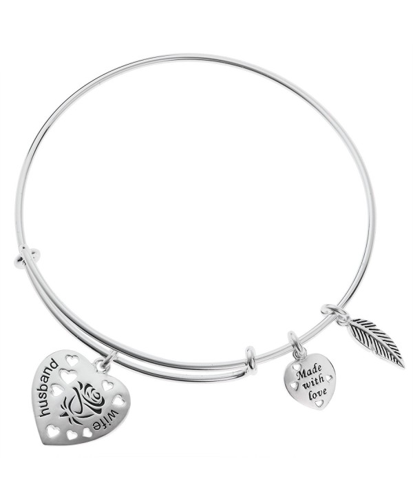 925 Sterling Silver Rose Husband & Wife Heart Feather Charm Adjustable Wire Bangle Bracelet - CE12O63S9C0