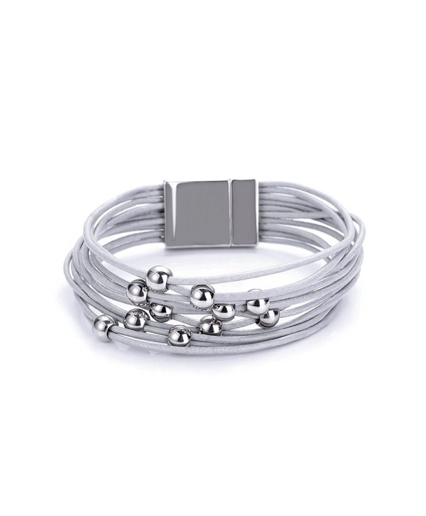 Beaded Multi-layer Geniune Leather Cord Magnetic Clasp Bracelets Bangles For women Girls - Grey - CX188IY2766