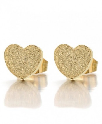 Pair Stainless Steel Gold Color Satin Heart Stud Earrings - CE1288MDJ5V
