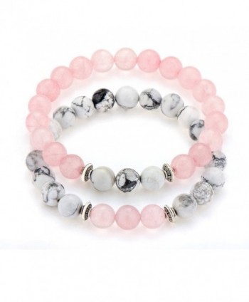 POSHFEEL Long Distance Couples Bracelets 8mm Howlite & Natural Stone Beads 2 Pieces- 7.5" - Pink - C81836D8ZSG