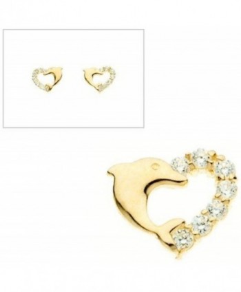 10KT Gold Heart With Dolphin and CZ Earrings - C1118S9UYXP
