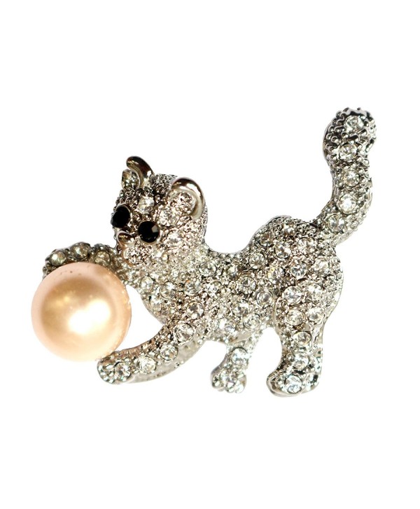 Navachi 18k White Gold Plated Clear Crystal Pearl Cat Brooch Pin - CD11SK3K07J