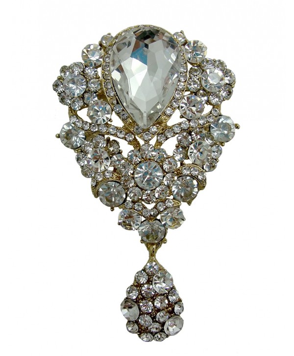 TTjewelry Bride Unique Flower Drop Gold-tone Brooch Pendant Clear Austria Crystal - CH127UN3C0B