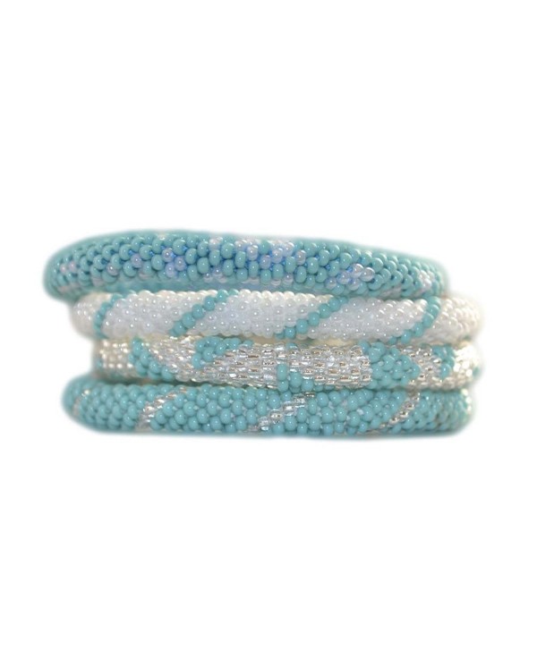 Turquoise Blue- Silver and Ivory White Beaded Bracelets Set- Roll on Your Wrist- BS57 - CK11J0S10CH