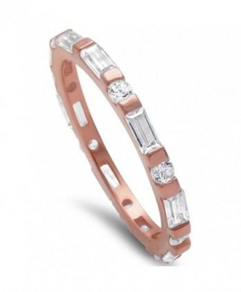 Rose Gold Plated Round & Baguette Cubic Zirconia Band .925 Sterling Silver Ring Sizes 4-11 - C01284U4BDV