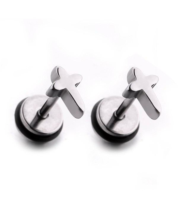 Pair of men and women cross stainless steel studs earrings screw back on ear lobe piercing jewelry. - CN186ARKCAT