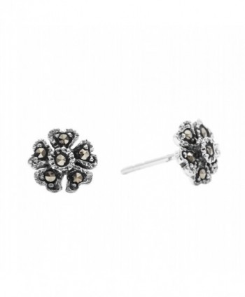 Silverly Women's .925 Sterling Silver Simulated Marcasite Oxidised Flower Shaped Studs Earrings - C2128S8FJGH