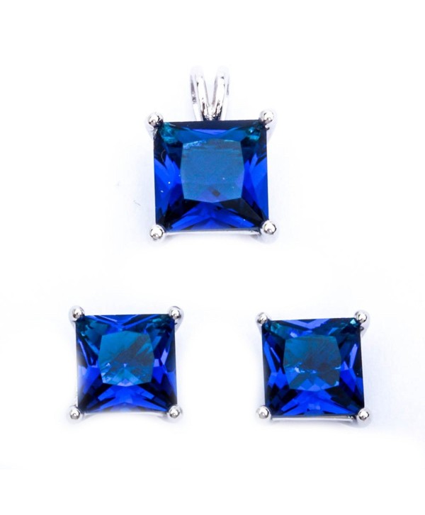 Princess Cut Blue Simulated Sapphire .925 Sterling Silver Earring & Pendant Jewelry set - CU11LK4MZUF