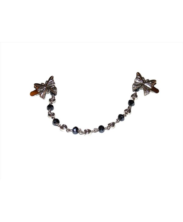 Butterfly and Heart Silver Tone Sweater Clips with Black Bead Accented 7 Inch Chain - CC12FVB0L3Z