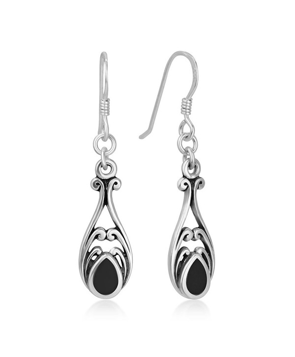 925 Sterling Silver Gemstone Filigree Dangle Hook Earrings - Black Onyx - CU12I6NN8ZN