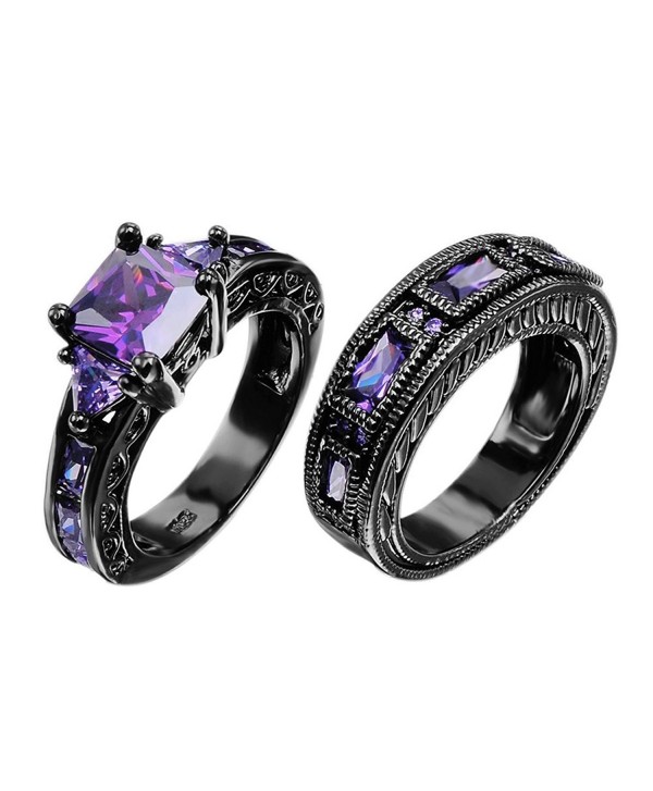 European Style Amethyst Two Pieces Promise Rings for Couples Black Gold Plated Women Sz-8 & Men Sz-12 - CD127AKMK3D