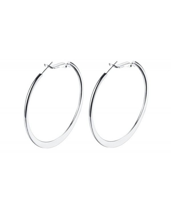 Platinum Polished Flattened Big Hoop Earrings with Omega Backs- thick 2mm round 2" (LARGE) - C01856D3WXI