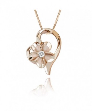 14k Rose Gold Plated Sterling Silver CZ Plumeria Open Heart Necklace with 18" Box Chain - CD1178O8QDV