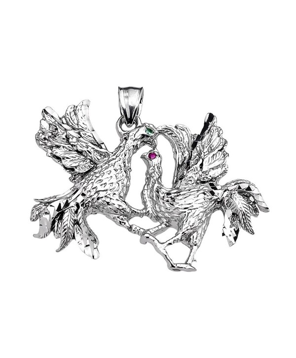 Sterling Silver Red and Green CZ Fighting Roosters Pendant - CJ12L92X5PL