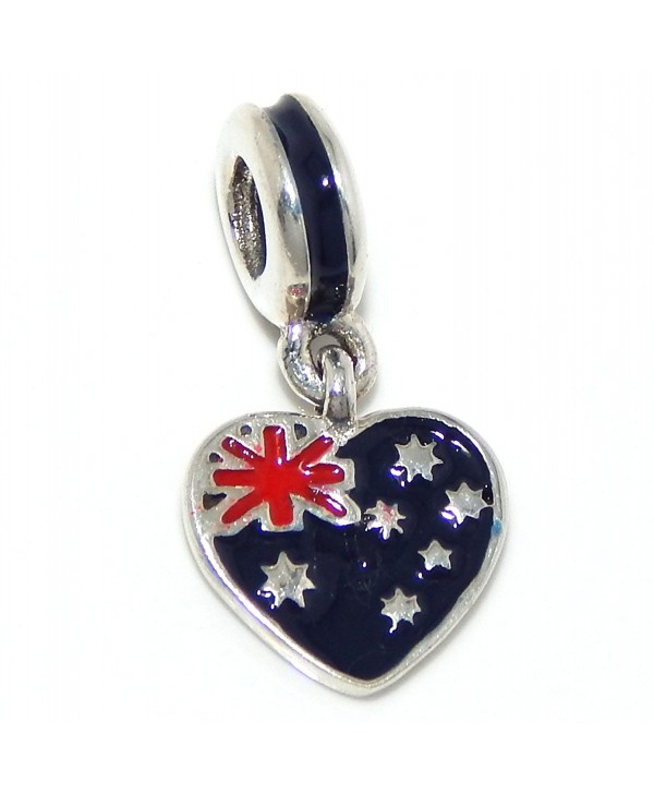 Solid 925 Sterling Silver Dangling "Australian Flag Heart" Charm Bead for European Snake Chain Bracelets - CL17Y2C7MR2